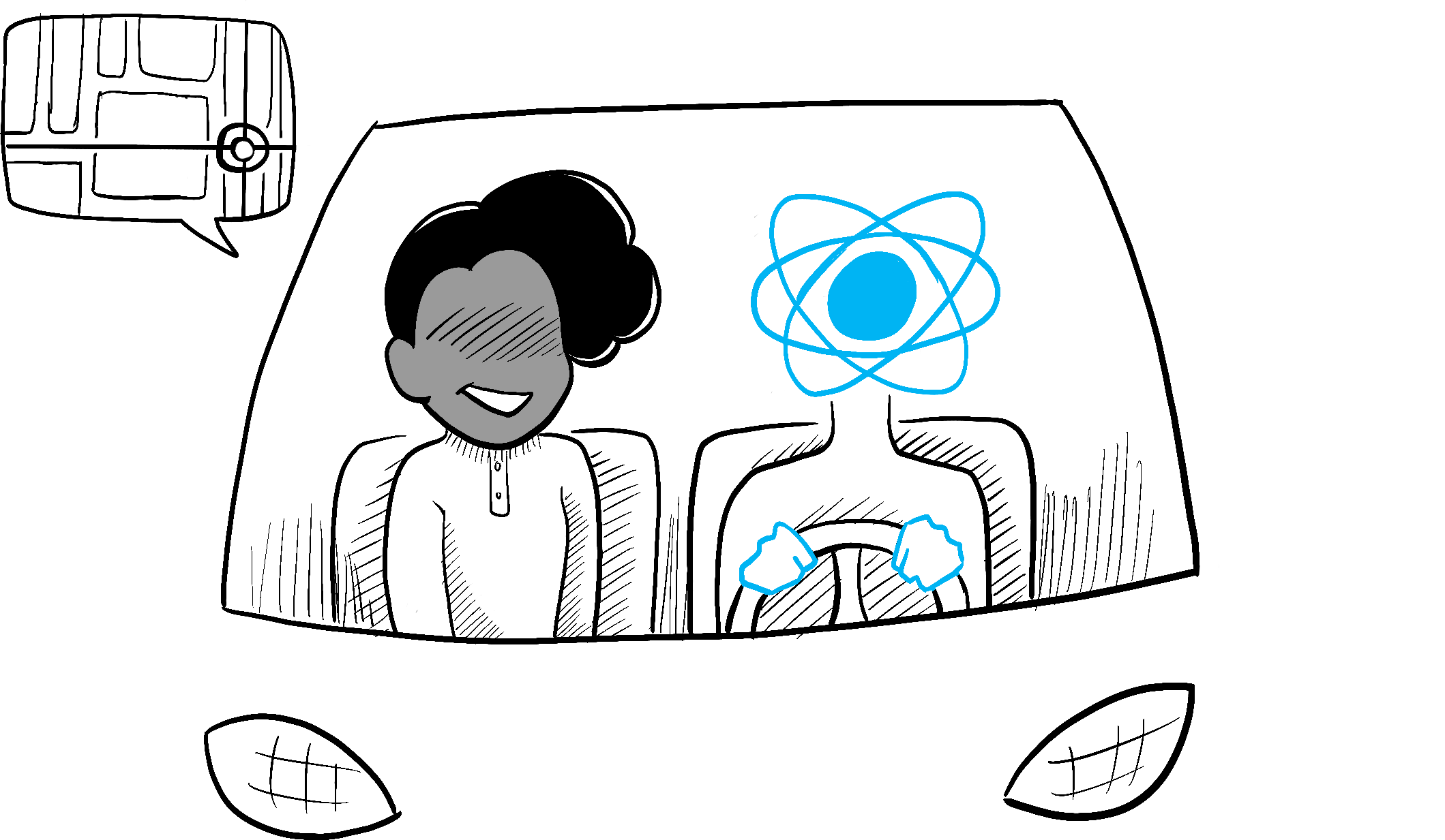 Em um carro dirigido pelo React, um passageiro pede para ser levado a um local específico no mapa. React trata de como fazer isso.