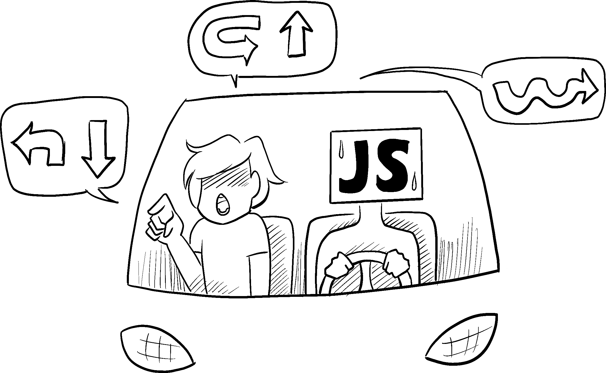 Em um carro dirigido por uma pessoa de aparência ansiosa que representa o JavaScript, um passageiro ordena que o motorista execute uma sequência de complicadas navegações curva à curva.
