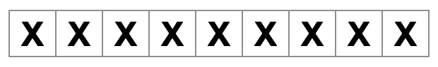 nove quadrados preenchidos por x em uma linha